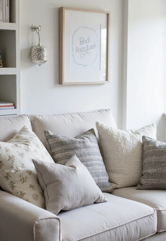 29 White and Grey Living Room Ideas That Look Clean and Modern - 18. Playful Pillows