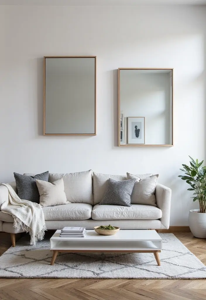29 White and Grey Living Room Ideas That Look Clean and Modern - 20. Clever Use of Mirrors