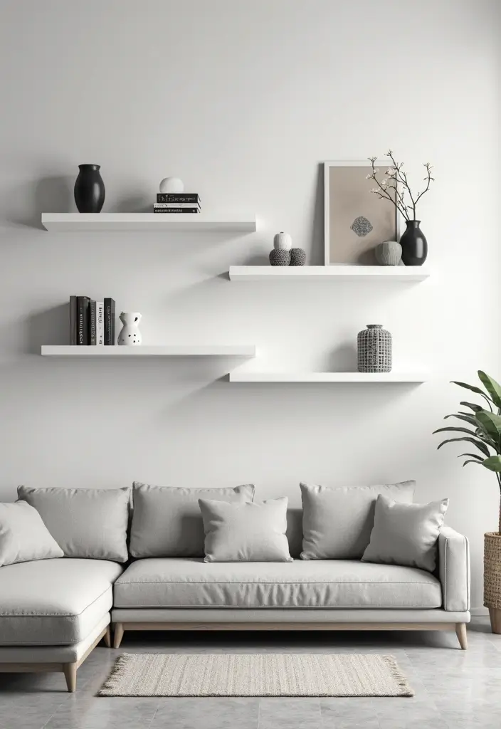 29 White and Grey Living Room Ideas That Look Clean and Modern - 27. Floating Ledges for Decor