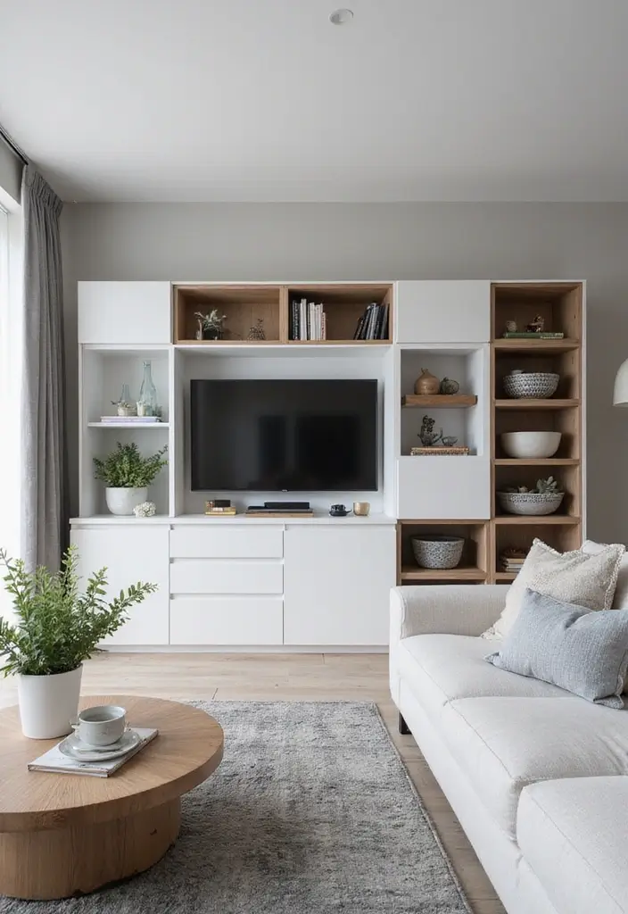 29 White and Grey Living Room Ideas That Look Clean and Modern - 28. Stylish Storage Solutions
