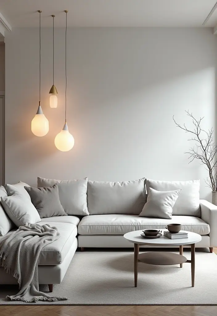 29 White and Grey Living Room Ideas That Look Clean and Modern - 5. Statement Lighting Fixtures