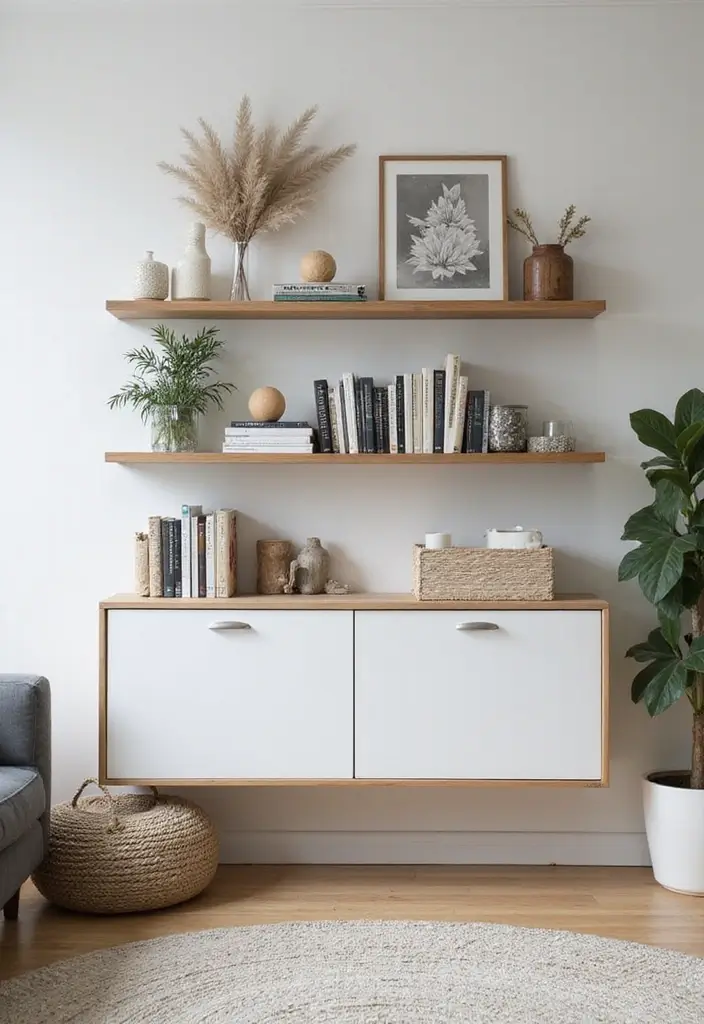 29 White and Grey Living Room Ideas That Look Clean and Modern - 8. Functional Wall Shelving