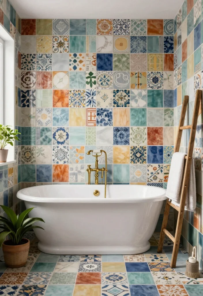 14 Color Tile Bathroom Ideas With Creative Patterns - 6. Vintage Patchwork: Personal and Unique 1