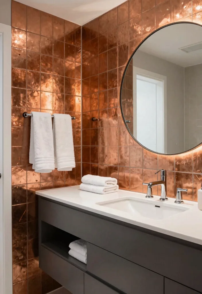 14 Copper Tile Bathroom Ideas With Warm Glow - 1. Statement Wall of Copper Tiles 1
