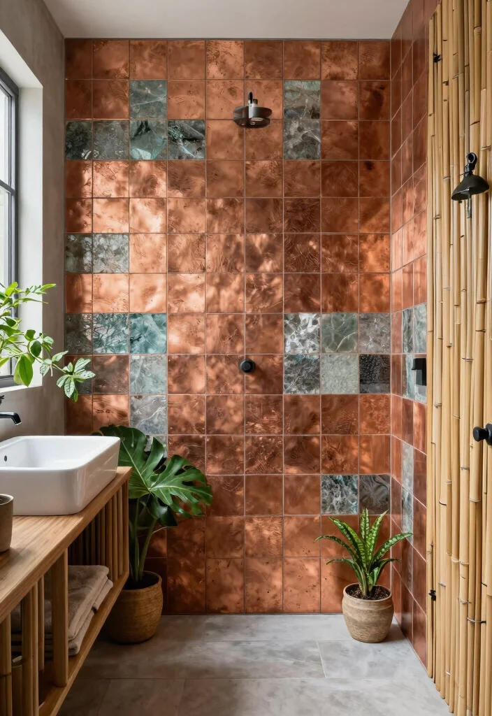 14 Copper Tile Bathroom Ideas With Warm Glow - 10. Eco-Friendly Copper Bathroom Designs 1