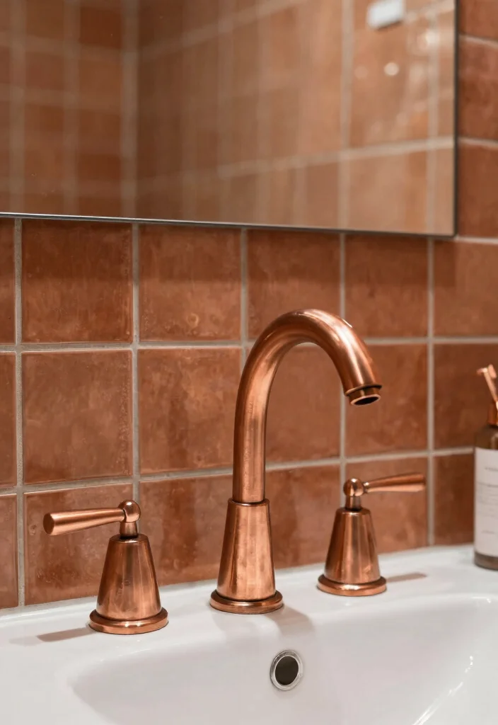 14 Copper Tile Bathroom Ideas With Warm Glow - 11. Elegant Copper Accent Fixtures 1