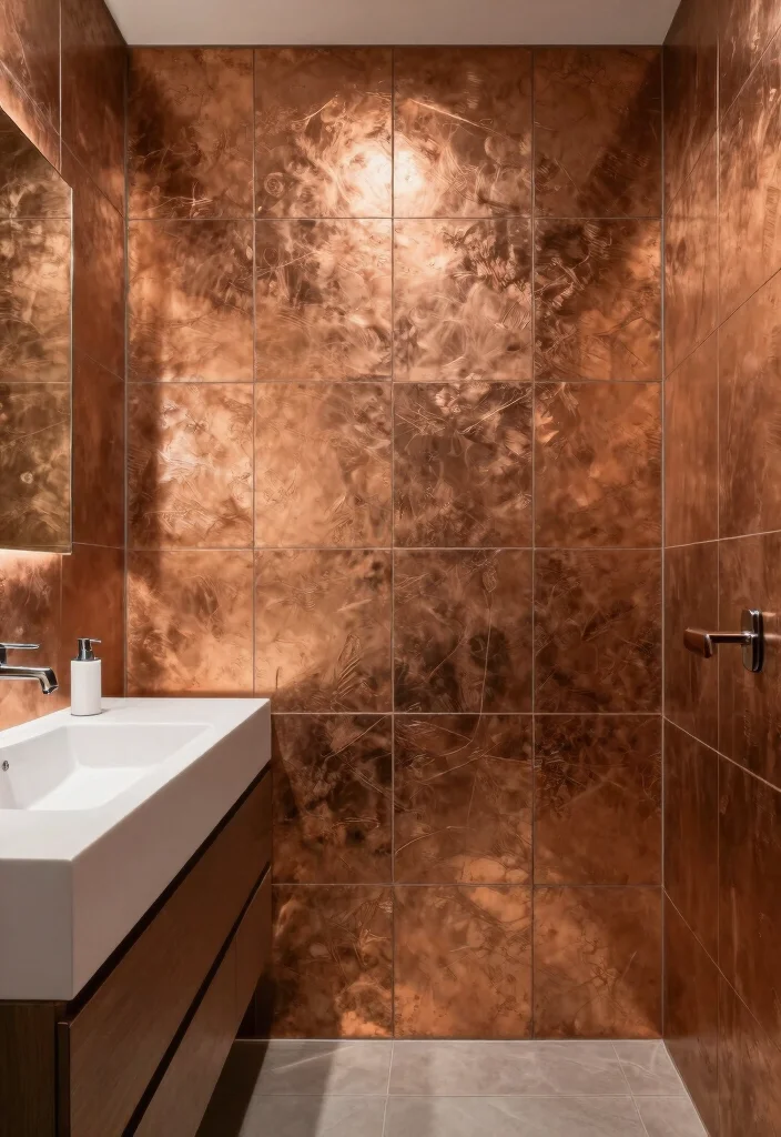 14 Copper Tile Bathroom Ideas With Warm Glow - 12. Copper Tiles with Textured Finishes 1