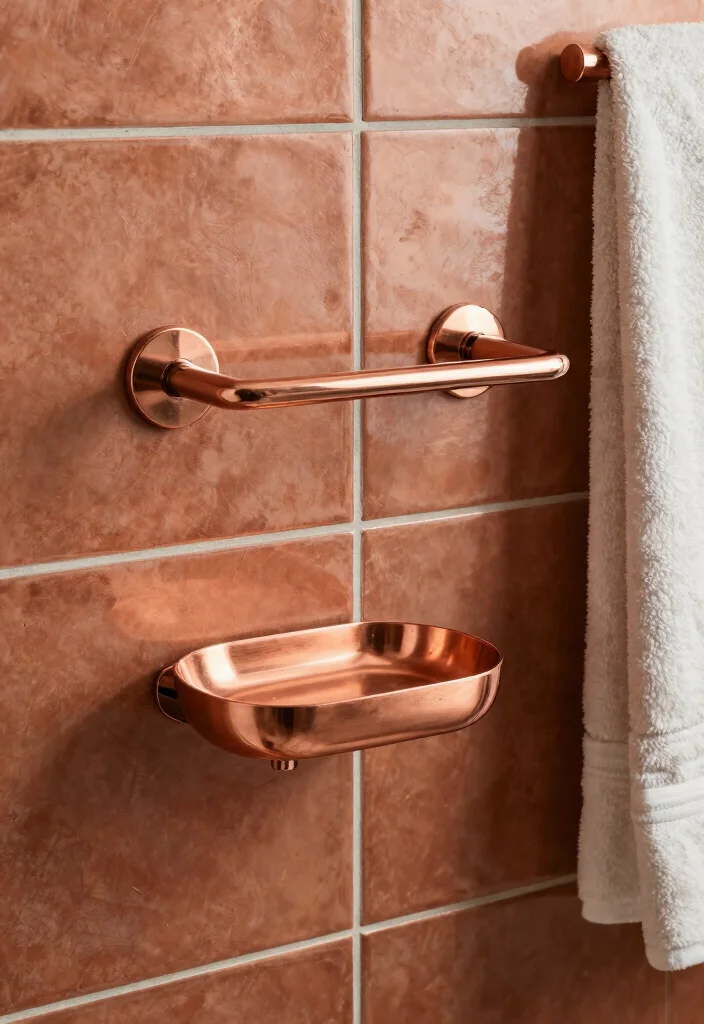 14 Copper Tile Bathroom Ideas With Warm Glow - 14. Personal Touches with Copper Home Accessories 1