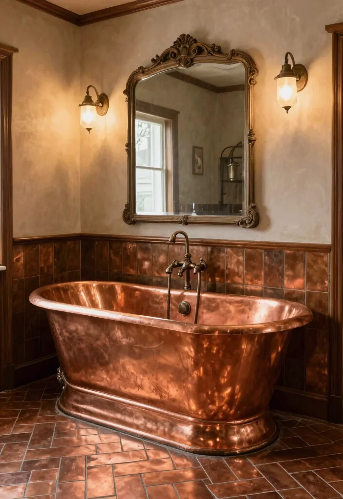 14 Copper Tile Bathroom Ideas With Warm Glow - 3. Vintage Charm with Copper Tiles 1