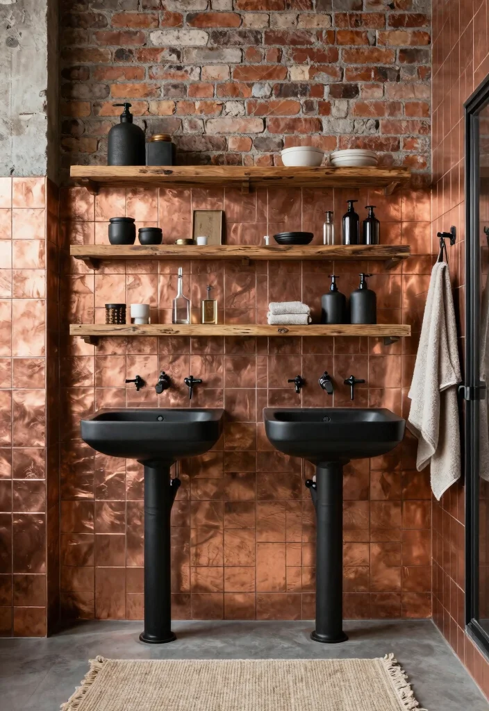 14 Copper Tile Bathroom Ideas With Warm Glow - 4. Rustic Industrial Copper Bathroom 1