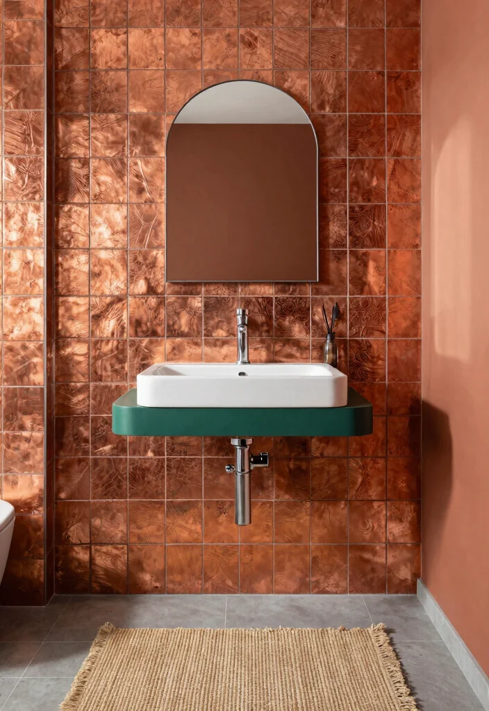 14 Copper Tile Bathroom Ideas With Warm Glow - 7. Bold Patterns with Copper Tiles 1