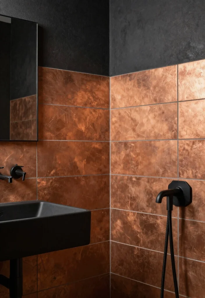 14 Copper Tile Bathroom Ideas With Warm Glow - 8. Copper Accents with Dark Tones 1