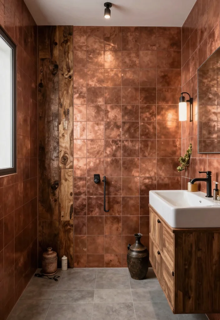 14 Copper Tile Bathroom Ideas With Warm Glow - 9. Rustic Meets Modern with Copper 1
