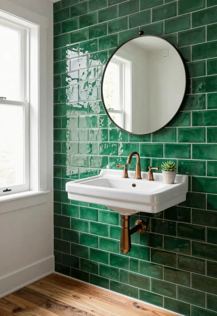 14 Emerald Green Bathroom Tile Ideas With Luxe Colour - 1. Glossy Emerald Subway Tiles 1