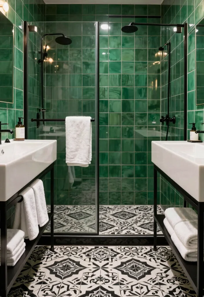 14 Emerald Green Bathroom Tile Ideas With Luxe Colour - 10. Emerald Green with Black and White Patterns 1