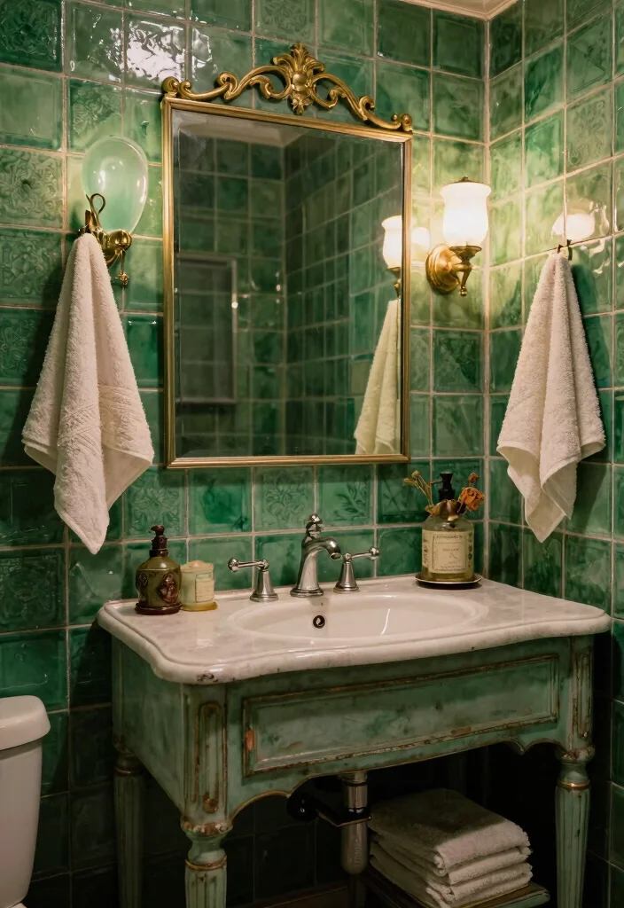 14 Emerald Green Bathroom Tile Ideas With Luxe Colour - 14. Vintage Emerald Tiles with Antique Finishes 1