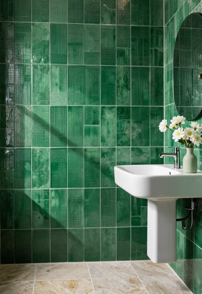 14 Emerald Green Bathroom Tile Ideas With Luxe Colour - 3. Textured Emerald Tiles for Depth 1