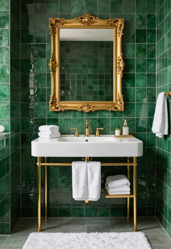 14 Emerald Green Bathroom Tile Ideas With Luxe Colour - 4. Emerald Green Accented with Gold 1