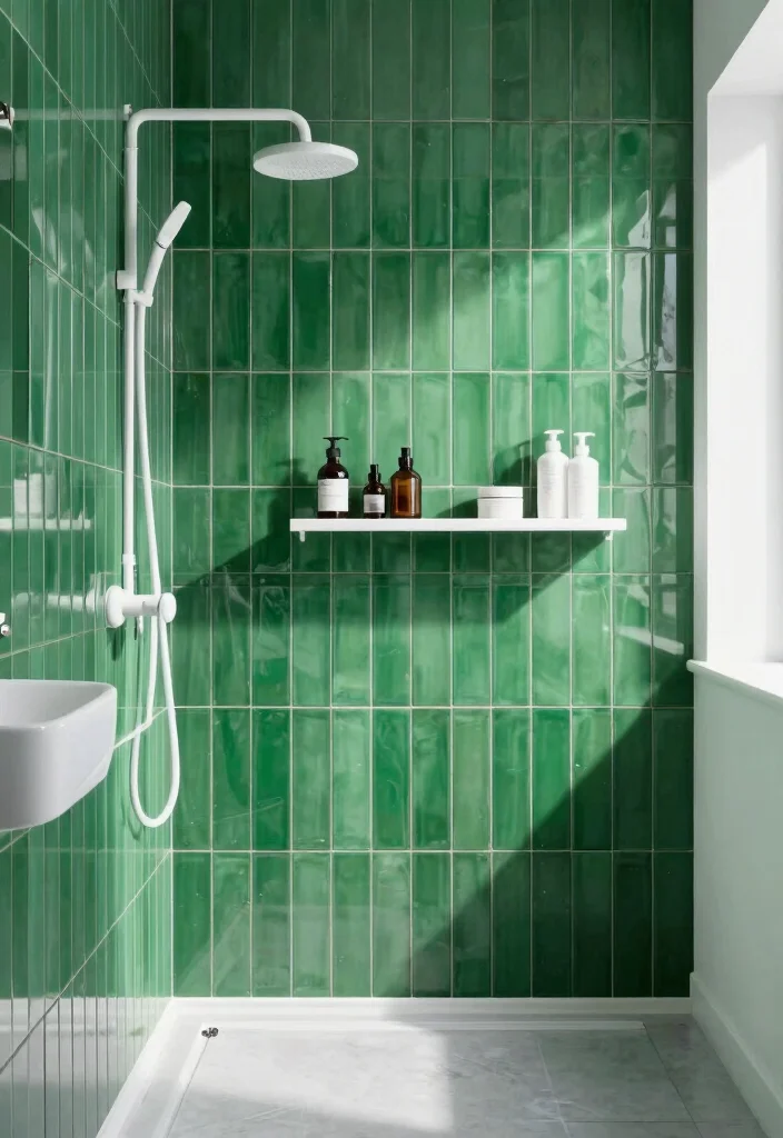 14 Emerald Green Bathroom Tile Ideas With Luxe Colour - 5. Vertical Green Tiles for a Modern Edge 1