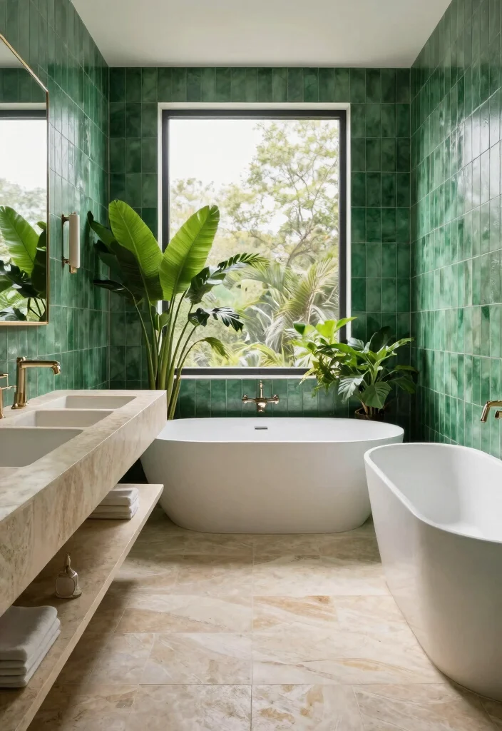 14 Emerald Green Bathroom Tile Ideas With Luxe Colour - 6. Emerald Green and Natural Stone 1