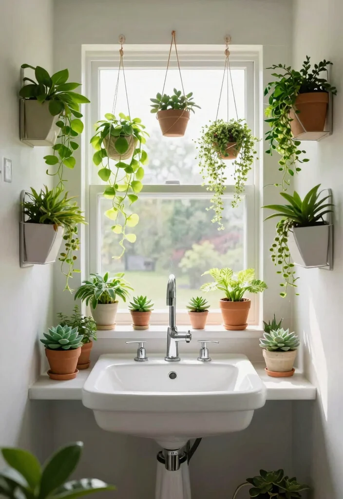 14 Galley Bathroom Ideas For Narrow Spaces - 6. Add Greenery for a Fresh Touch 1