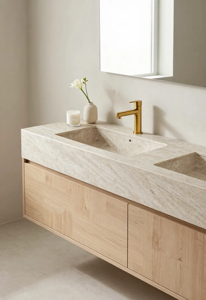 14 Japandi Bathroom Vanity Ideas With Calm Minimal Style - 2. Stone-Top Vanity 1