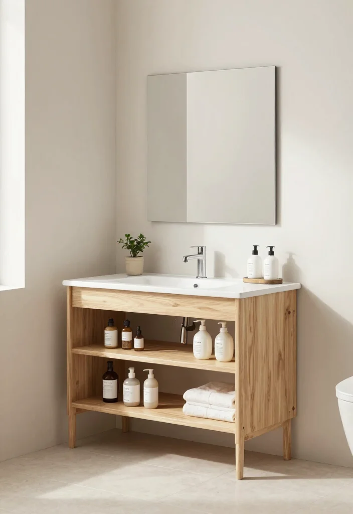 14 Japandi Bathroom Vanity Ideas With Calm Minimal Style - 6. Open Shelf Vanity 1