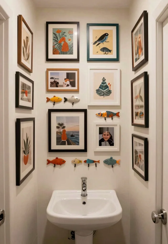 14 Narrow Half Bathroom Ideas For Smart Design - 9. Smart Wall Art 1