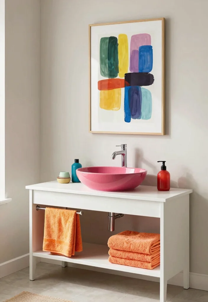 14 Open Vanity Bathroom Ideas For Airy Spaces - 12. Colorful Accents for Bold Statements 1