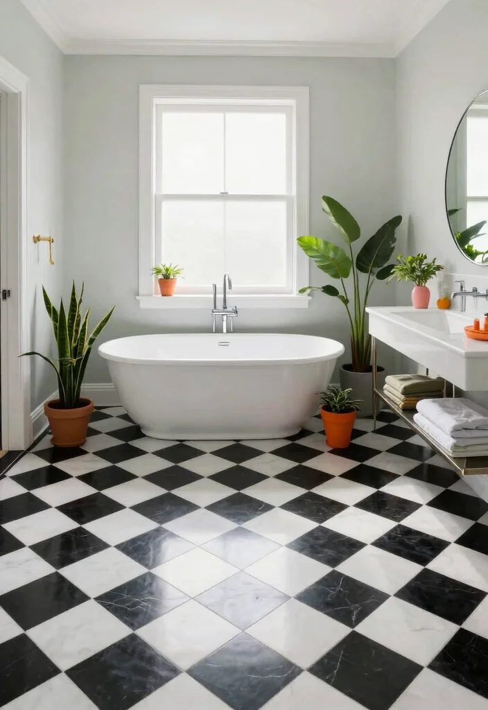 14 Peel And Stick Floor Tile Bathroom Ideas For Easy Makeovers - 1. Classic Black and White Checkerboard 1
