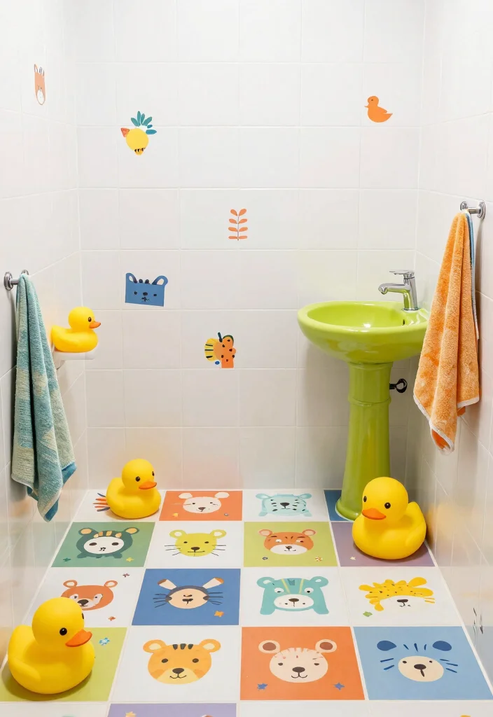 14 Peel And Stick Floor Tile Bathroom Ideas For Easy Makeovers - 11. Fun Kids’ Bathroom with Playful Tiles 1