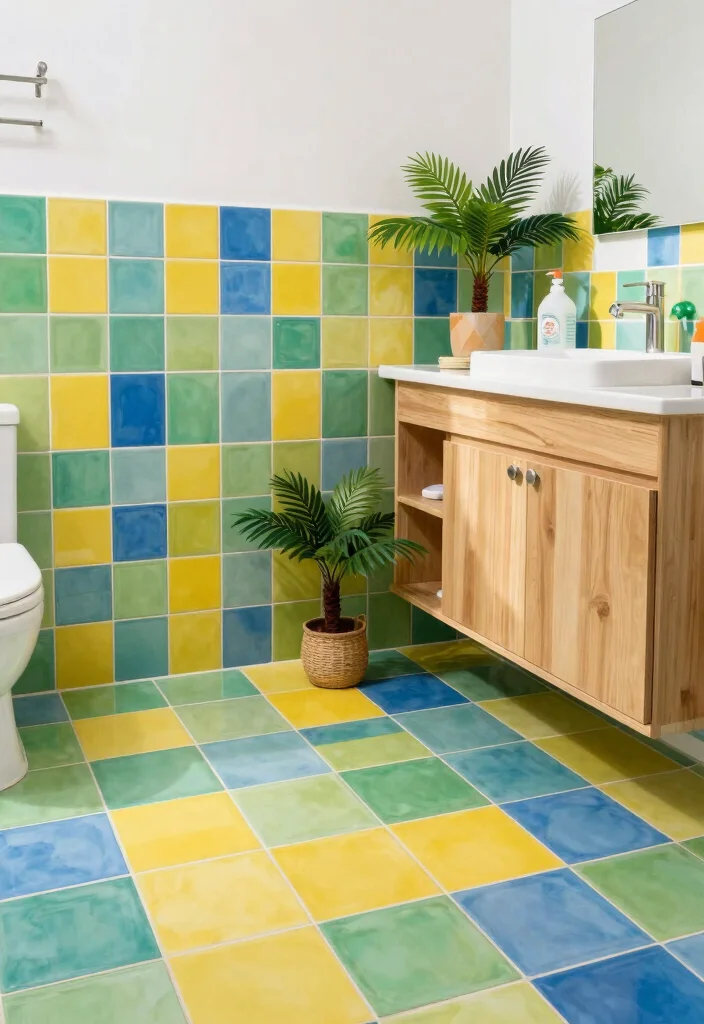14 Peel And Stick Floor Tile Bathroom Ideas For Easy Makeovers - 13. Bright and Tropical Vibes 1