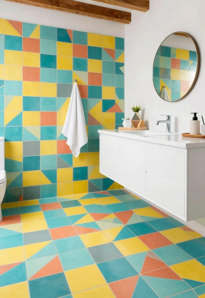 14 Peel And Stick Floor Tile Bathroom Ideas For Easy Makeovers - 2. Bold Geometric Patterns 1