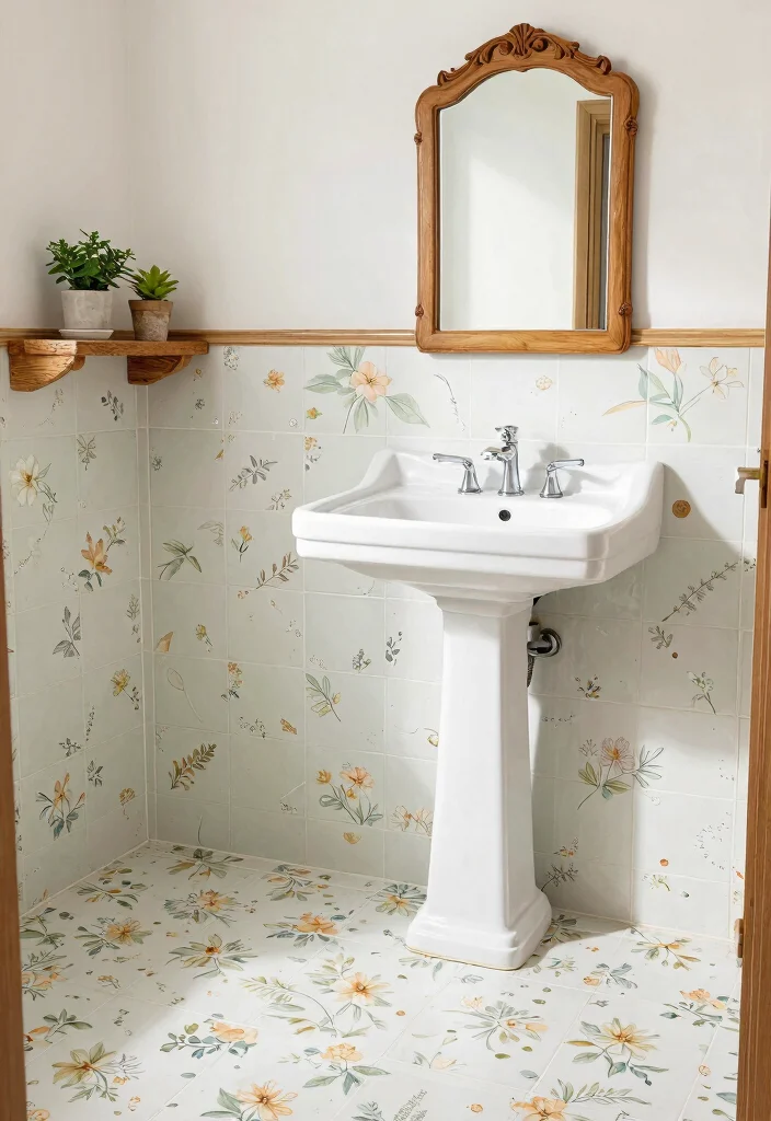 14 Peel And Stick Floor Tile Bathroom Ideas For Easy Makeovers - 7. Vintage Floral Tiles 1