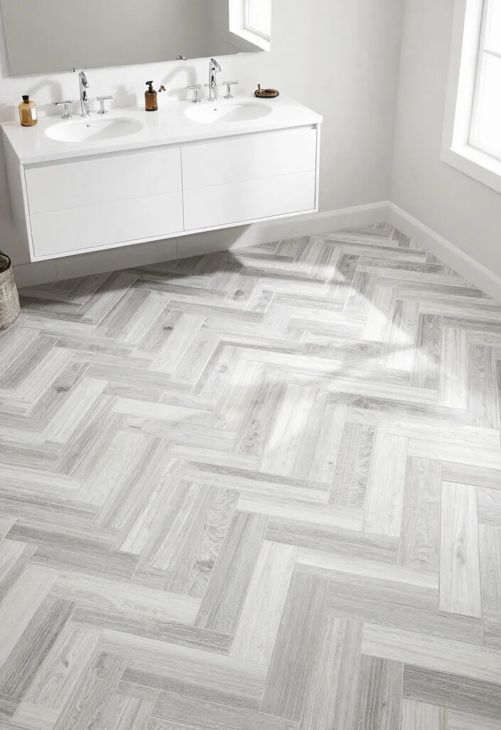 14 Peel And Stick Floor Tile Bathroom Ideas For Easy Makeovers - 9. Classic Herringbone Pattern 1