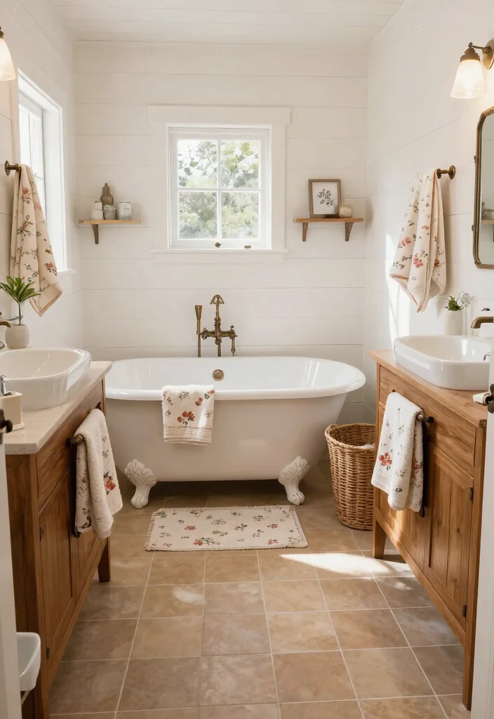 14 Tan Tile Bathroom Ideas With Warm Neutral Style - 3. Cozy Cottage Vibes 1