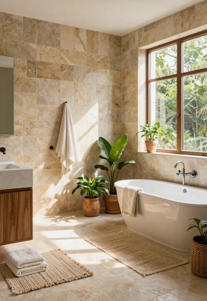 14 Tan Tile Bathroom Ideas With Warm Neutral Style - 7. Natural Elements in Harmony 1