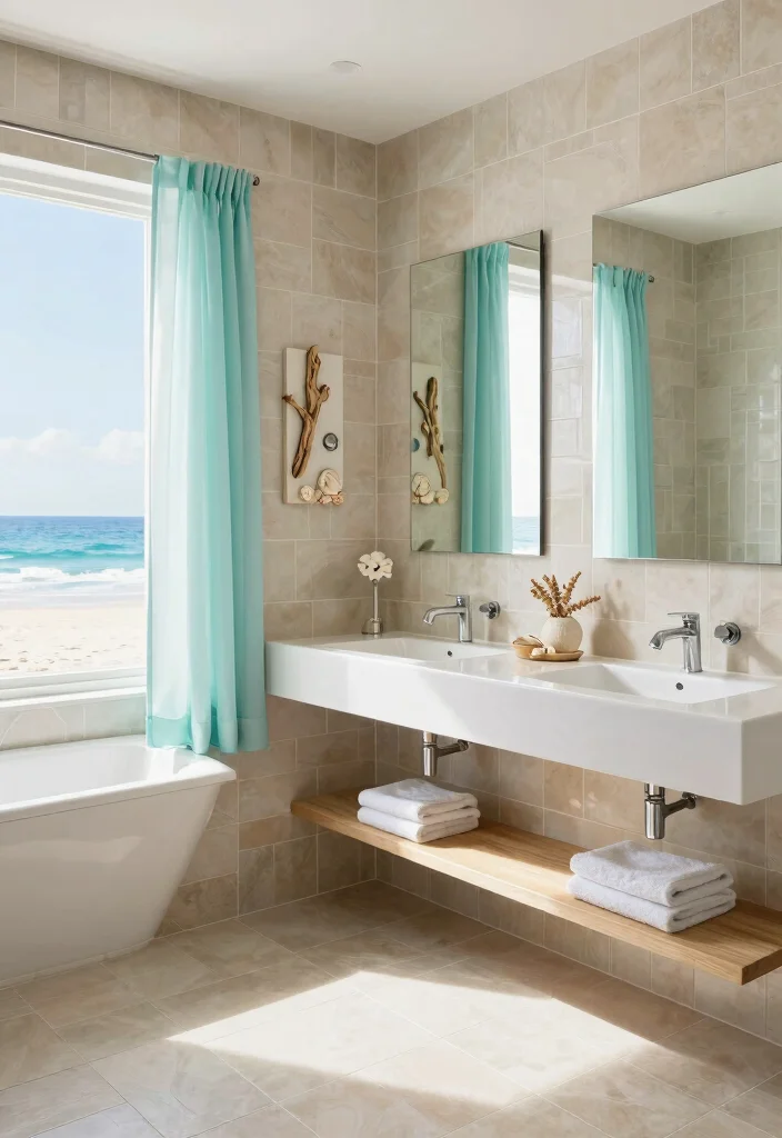 14 Tan Tile Bathroom Ideas With Warm Neutral Style - 9. Coastal Calm with Tan Tiles 1