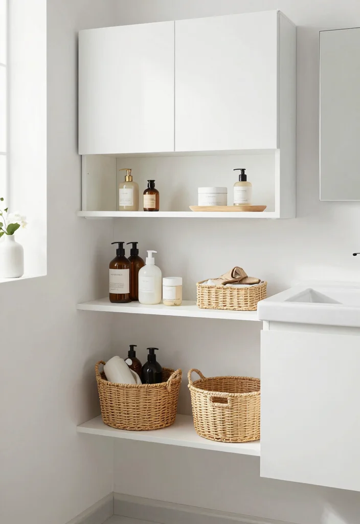 14 White Bathroom Decor Ideas For Clean Calm Vibes - 14. Minimalist Storage Solutions 1