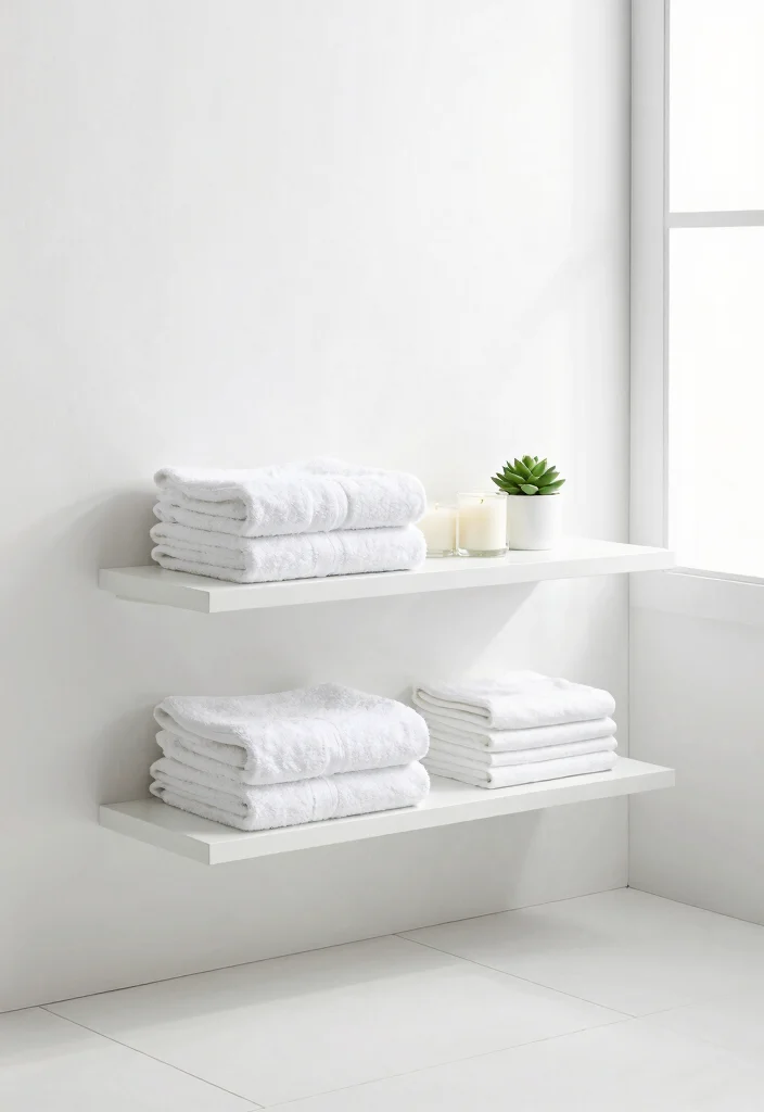 14 White Bathroom Decor Ideas For Clean Calm Vibes - 3. Minimalist Floating Shelves 1