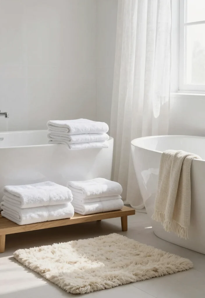 14 White Bathroom Decor Ideas For Clean Calm Vibes - 5. Soft Natural Textiles 1