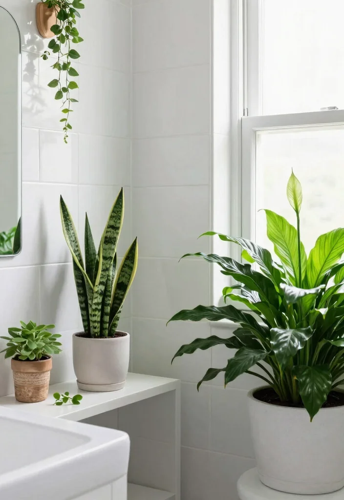 14 White Bathroom Decor Ideas For Clean Calm Vibes - 7. Serenity-Enhancing Plants 1