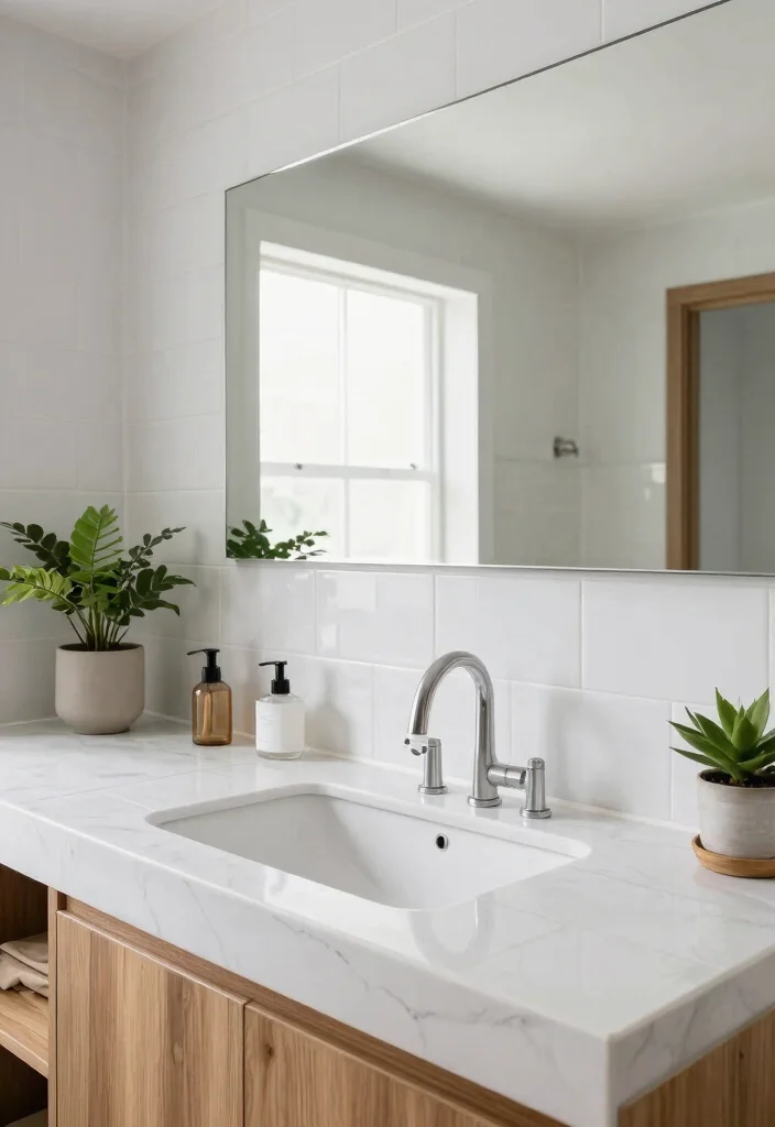 14 White Porcelain Tile Bathroom Ideas With Clean Finish - 5. Large Scale Backsplashes 1