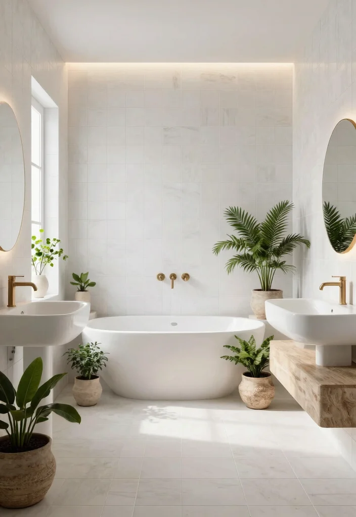 14 White Porcelain Tile Bathroom Ideas With Clean Finish - 8. Biophilic Design with Natural Elements 1