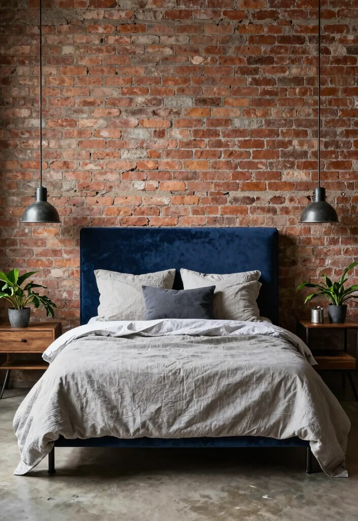 15 Blue Velvet Headboard Bedroom Ideas Luxe Statement Style - 10. Industrial Edge 1