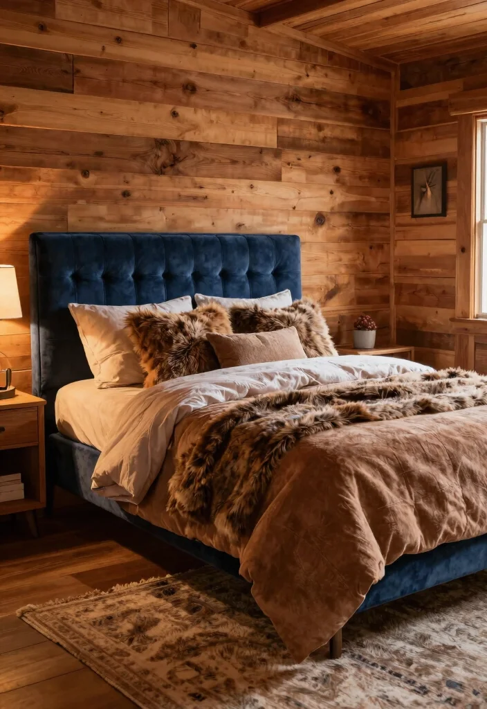 15 Blue Velvet Headboard Bedroom Ideas Luxe Statement Style - 12. Cozy Cabin Feel 1