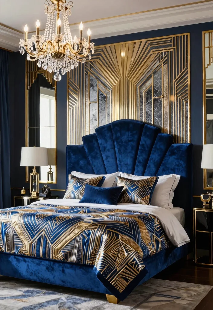15 Blue Velvet Headboard Bedroom Ideas Luxe Statement Style - 13. Art Deco Glam 1
