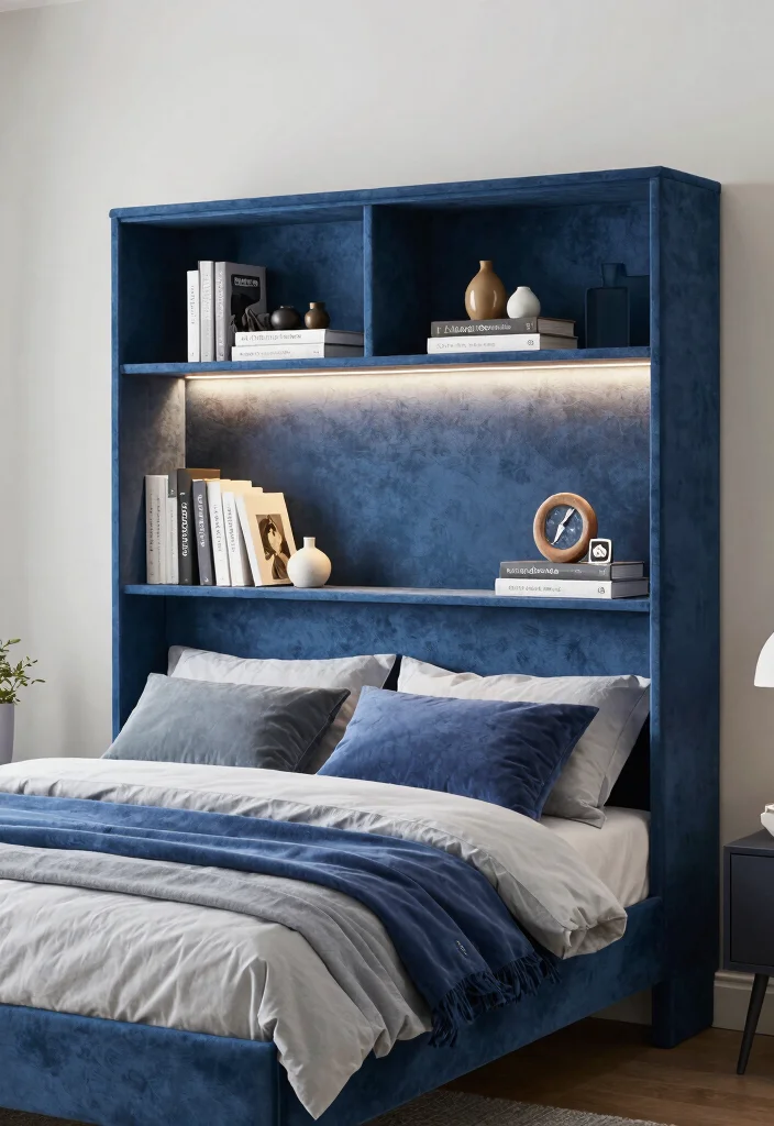 15 Blue Velvet Headboard Bedroom Ideas Luxe Statement Style - 14. Smart Storage Solutions 1