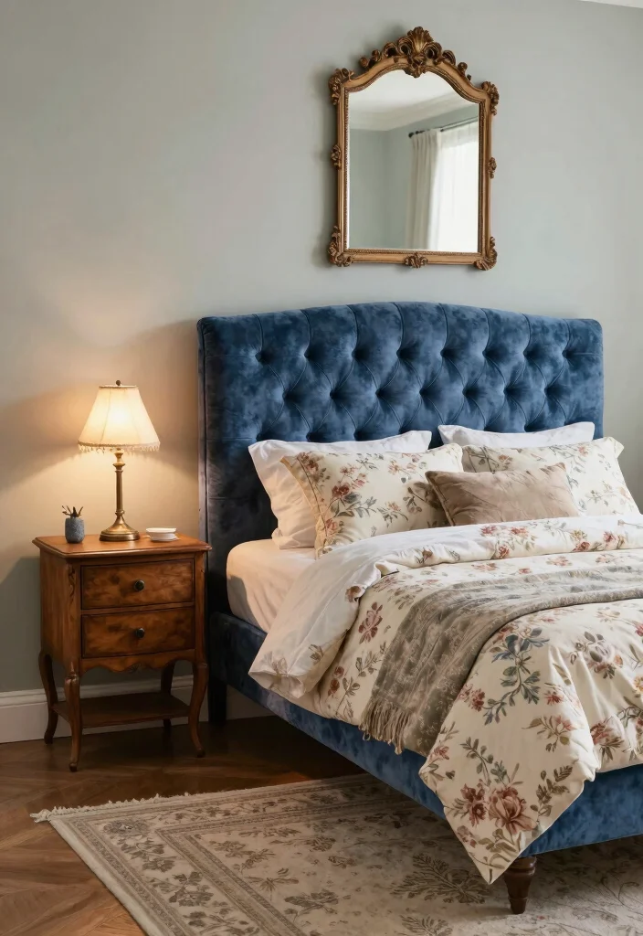 15 Blue Velvet Headboard Bedroom Ideas Luxe Statement Style - 3. Vintage Charm 1