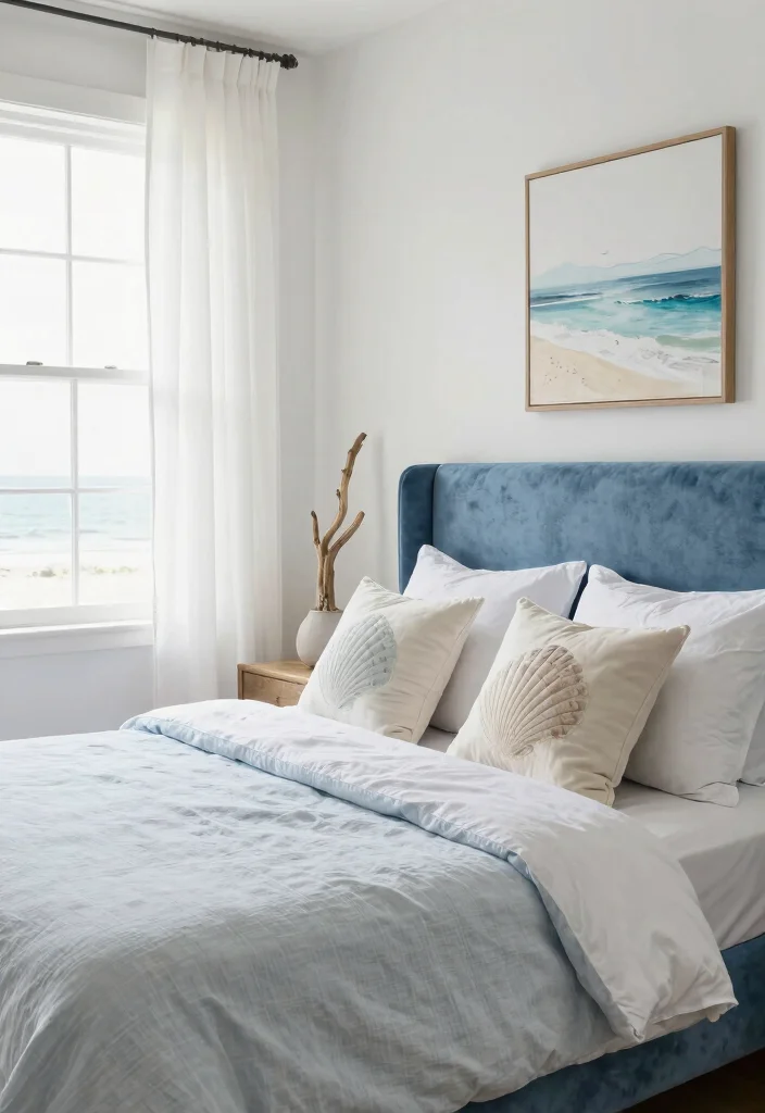 15 Blue Velvet Headboard Bedroom Ideas Luxe Statement Style - 6. Coastal Vibes 1